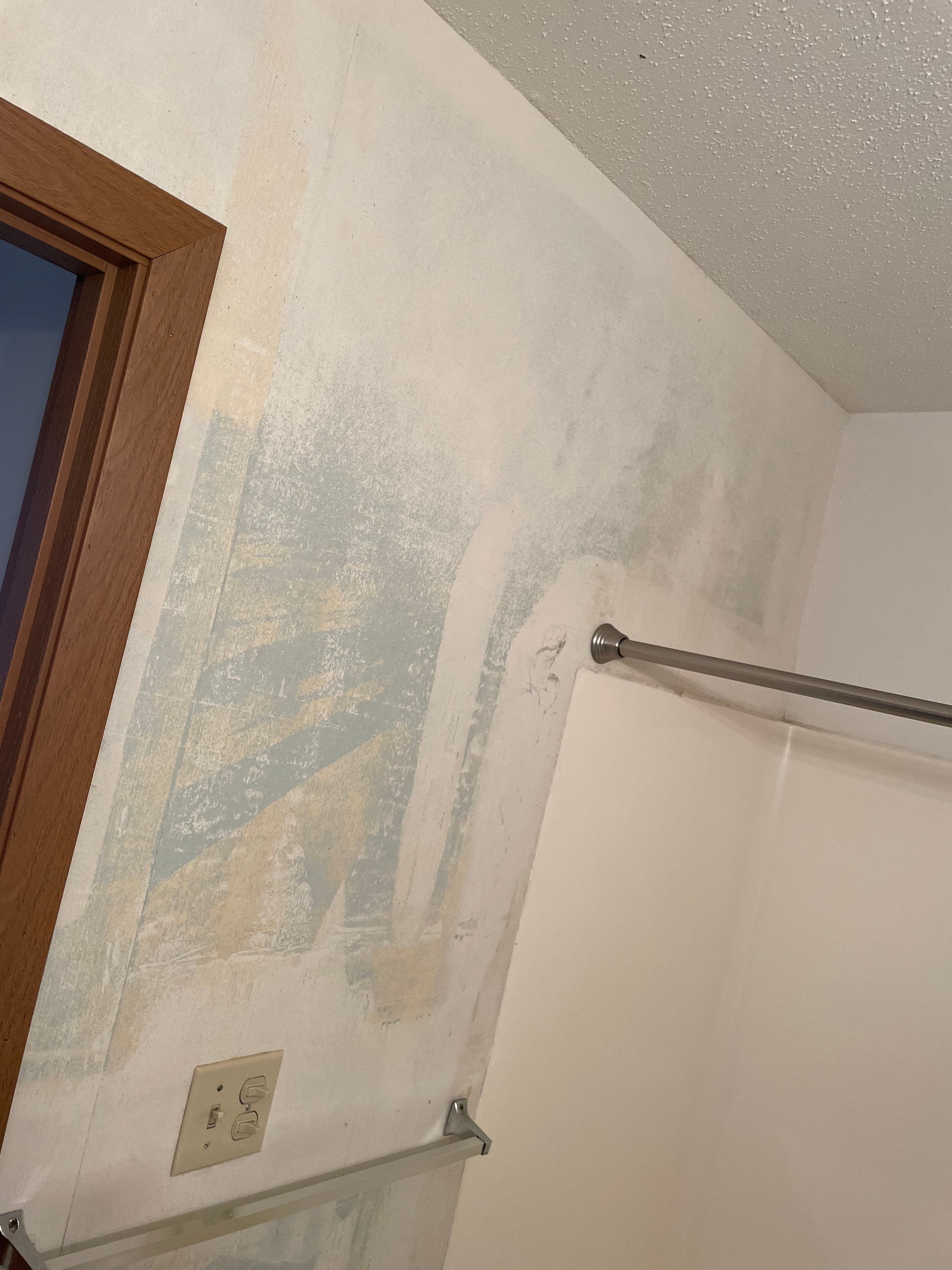 Faded bathroom wall with peeling paint and towel rack, showcasing renovation needs.